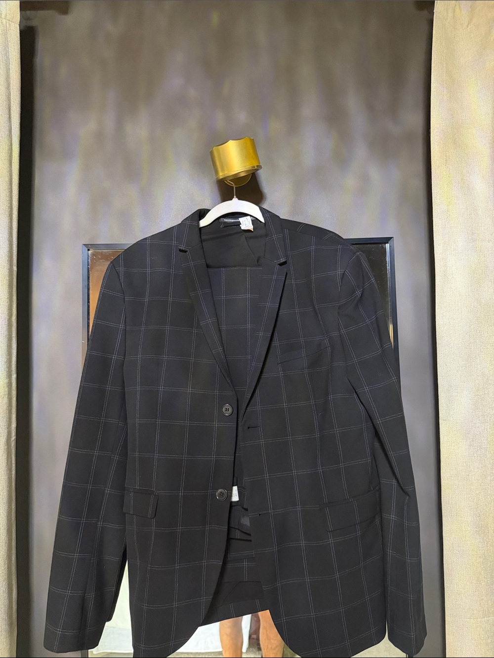 H&M Men’s Black Windowpane Skinny Fit Suit Jacket & Pants 33R